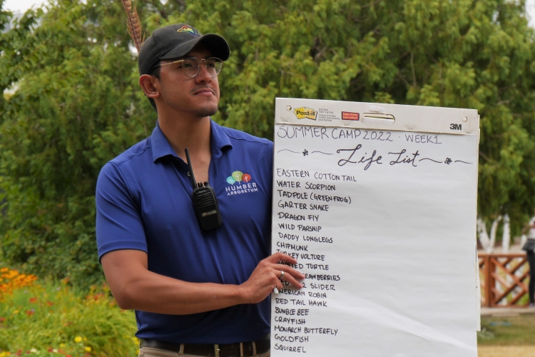 A tall young man with glasses and slight goatee holds up a chart paper with the words Lifelist at the top