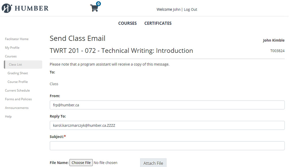Send Class Email Page