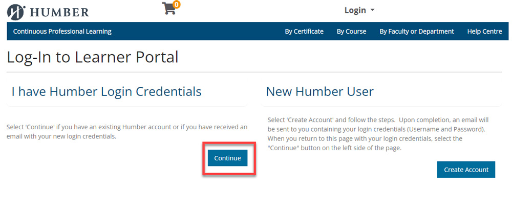 Learner portal home login page
