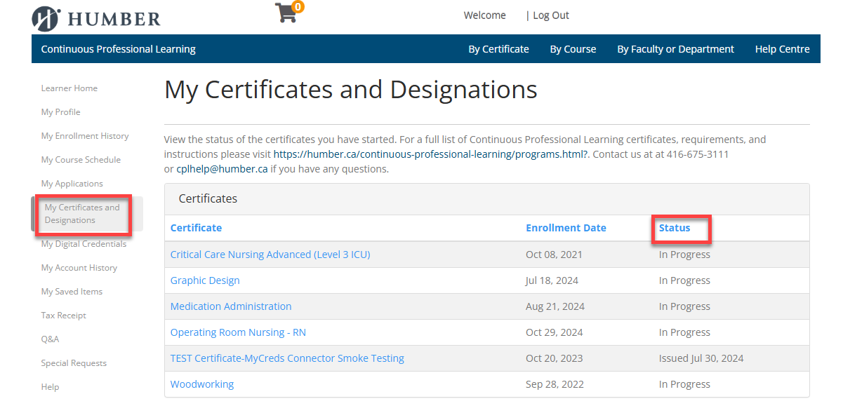 screenshot of the certifications and designations page with the certificate status column highlighted