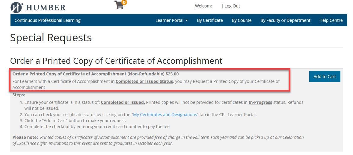 screenshot of special requests page with Order a Printed Copy of Certificate of Accomplishment highlighted