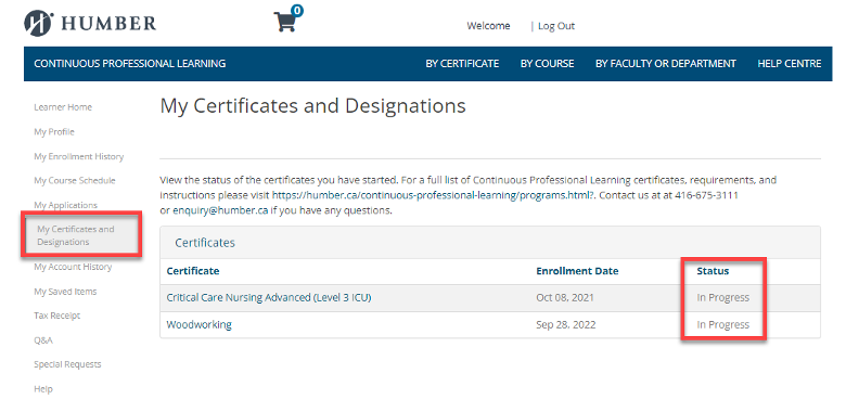 screenshot of the certifications and designations page with the certificate status column highlighted