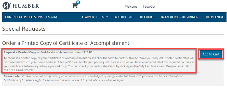 screenshot of special requests page with Order a Printed Copy of Certificate of Accomplishment highlighted