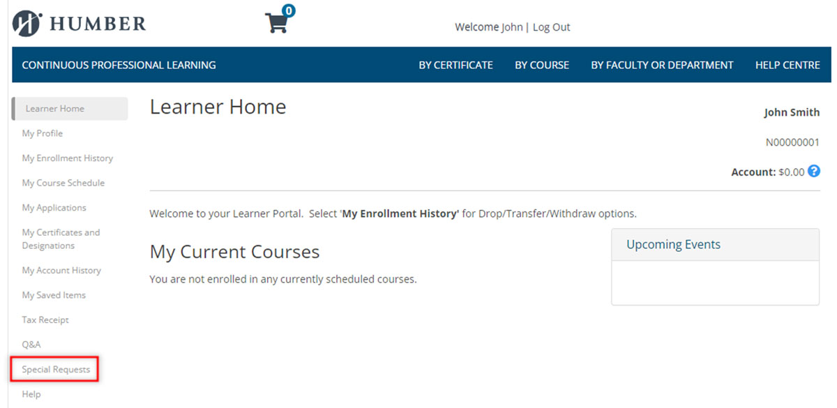 screenshot of learner home page with special request button highlighted