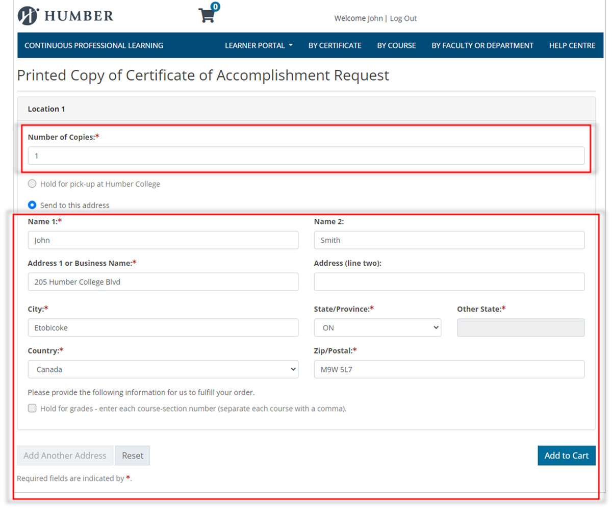 screenshot of printed copy of certificate of accomplishment request page
