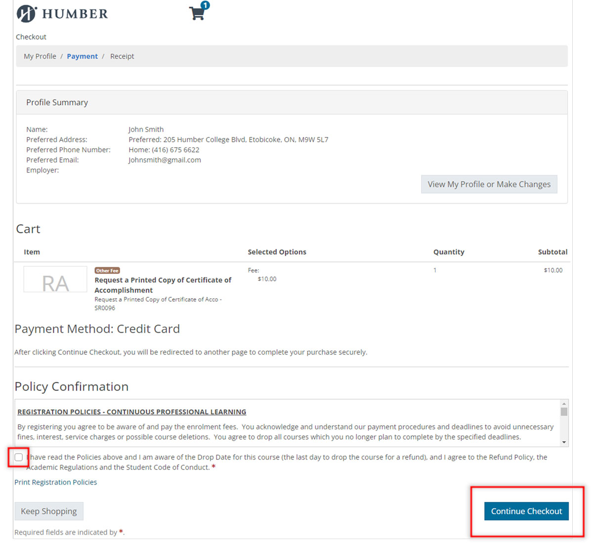 screenshot of payment page