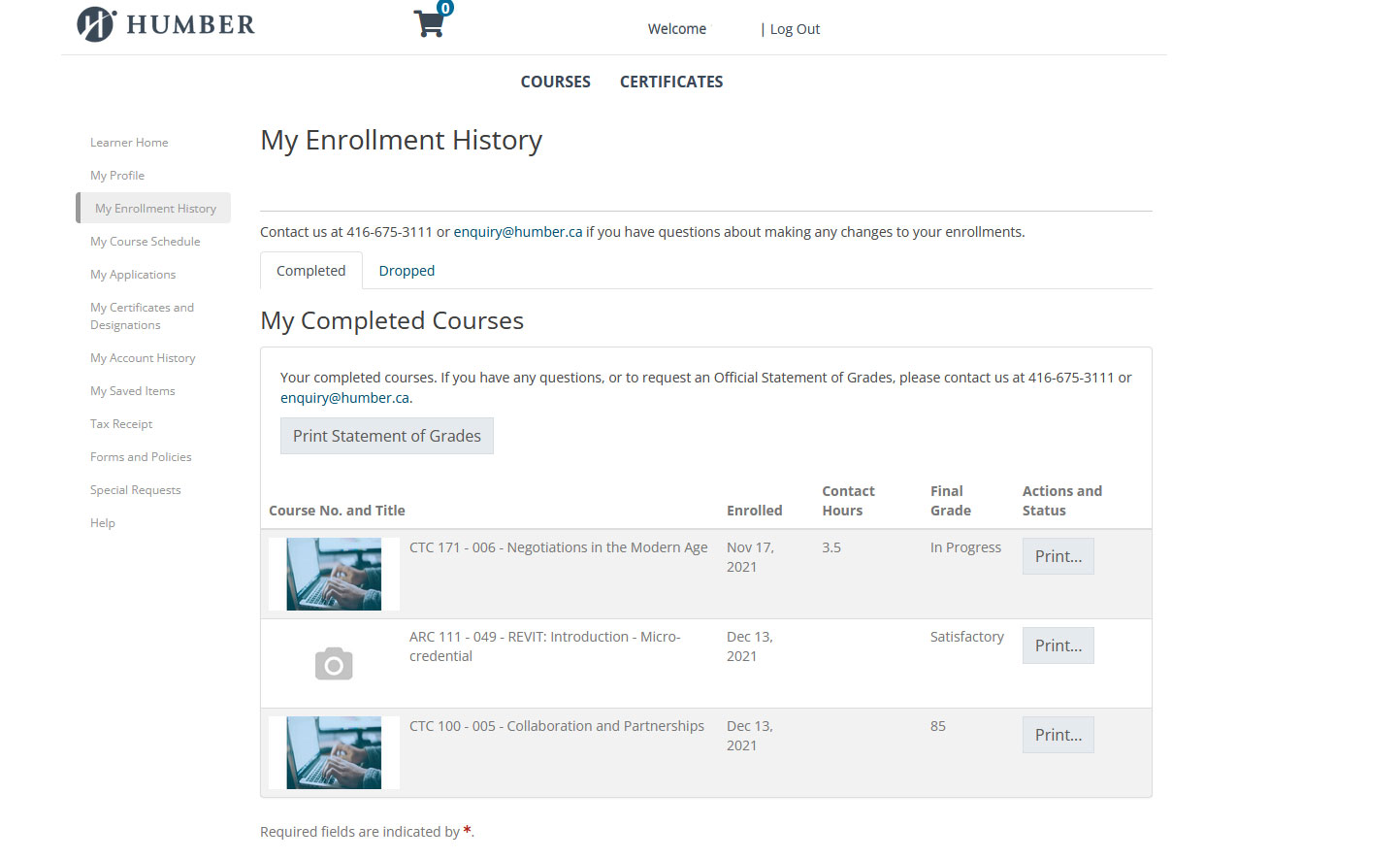 Enrollment History showing Completed Courses
