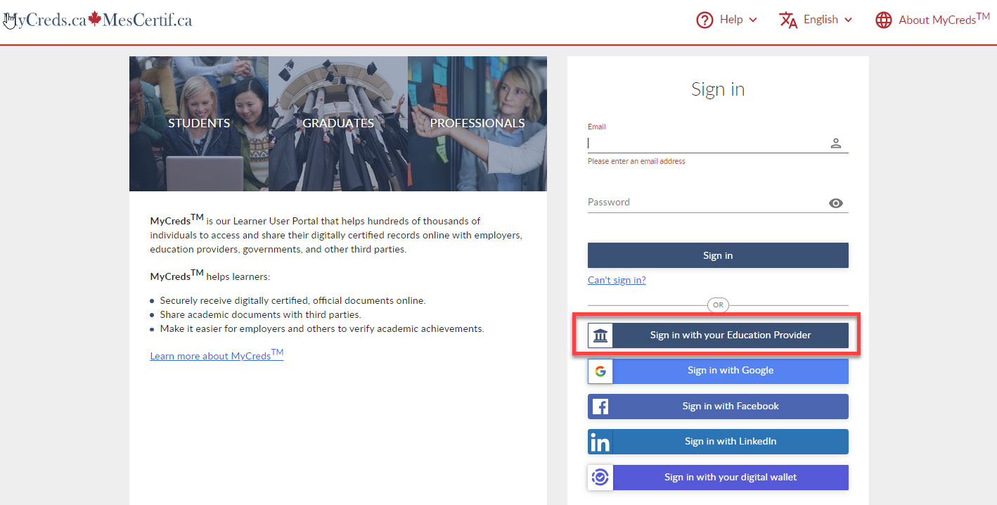 sign in with your education provider button