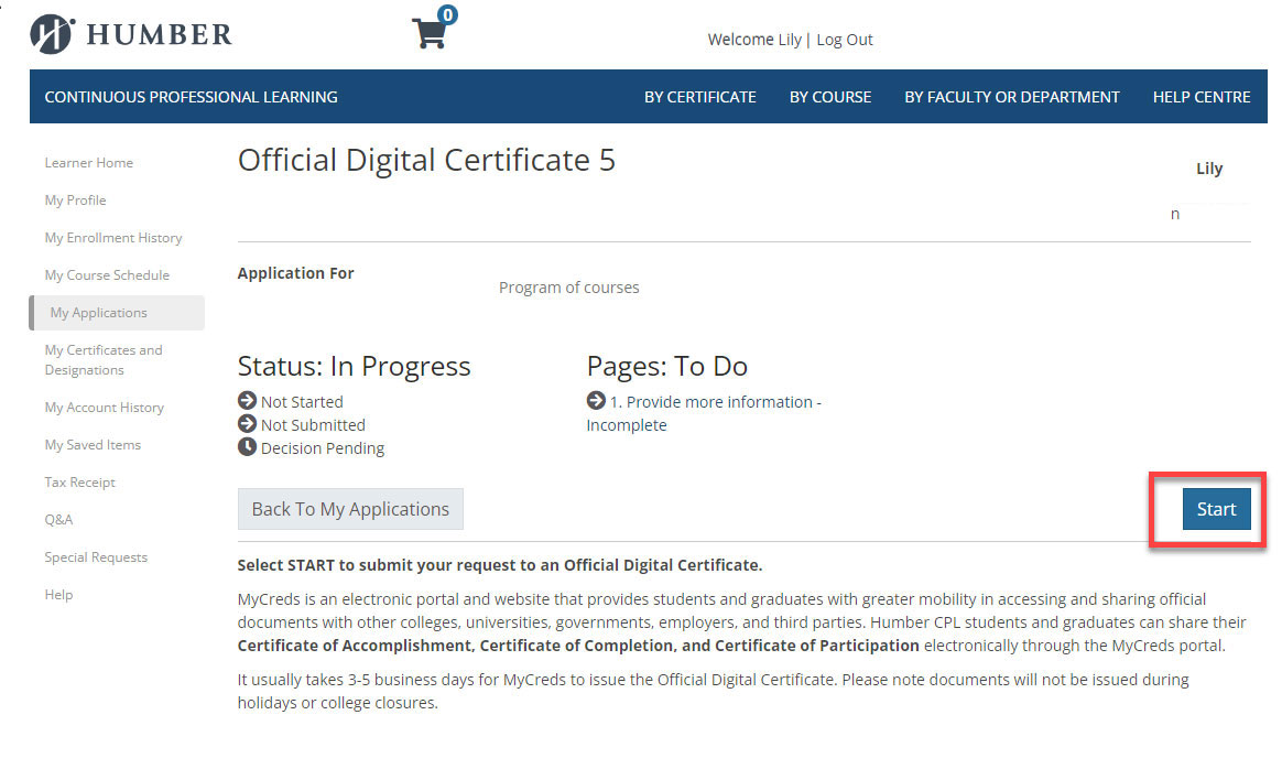 official digital certificate page