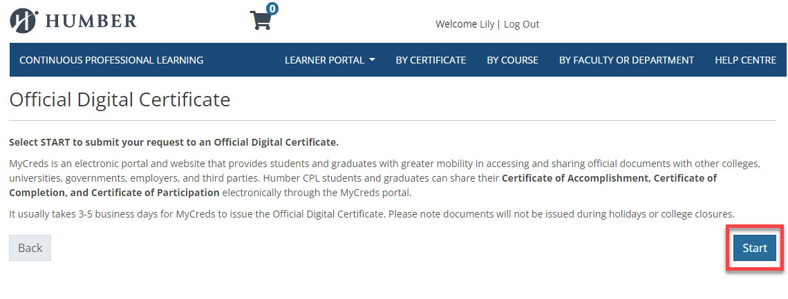 official digital certificate page, start button highlighted