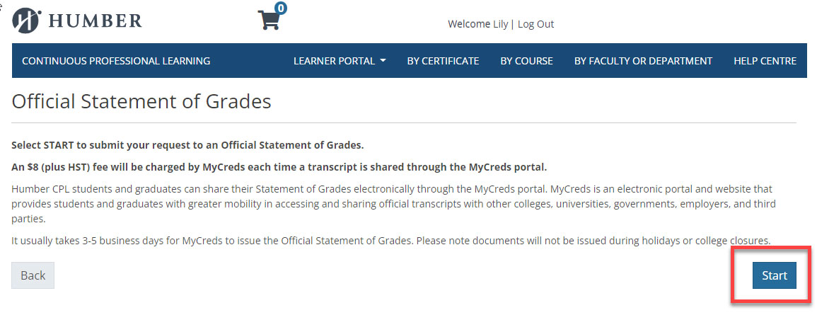 official statement of grades page