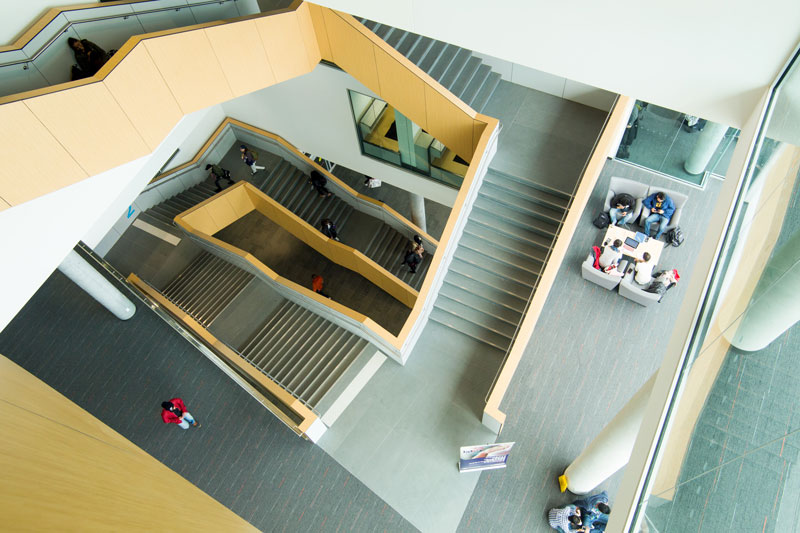 Aerial view of the stairwell in the Humber Learning Commons