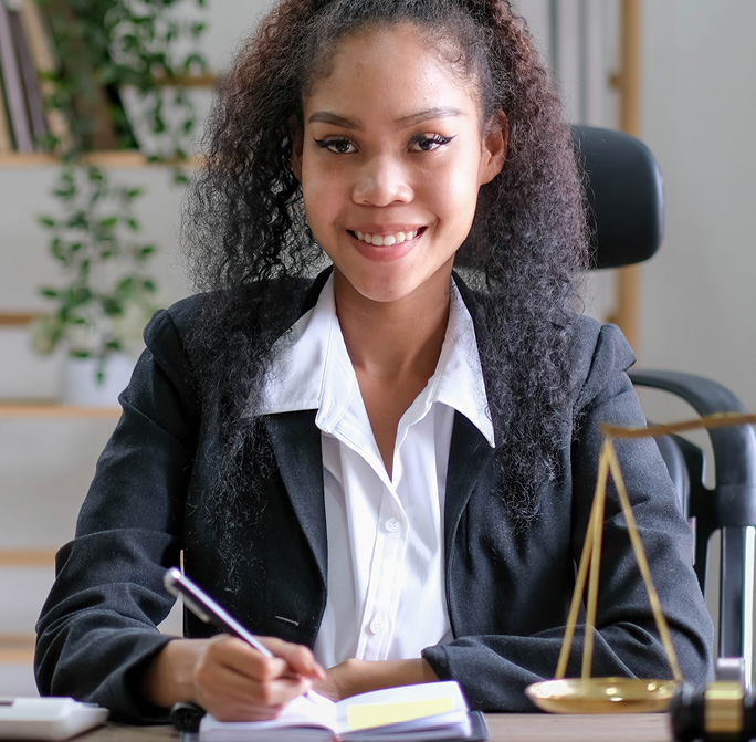 professional woman writing at a desk