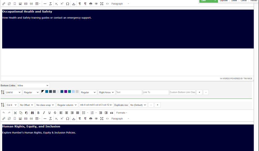 screenshot of cms editor open to navigation card rows