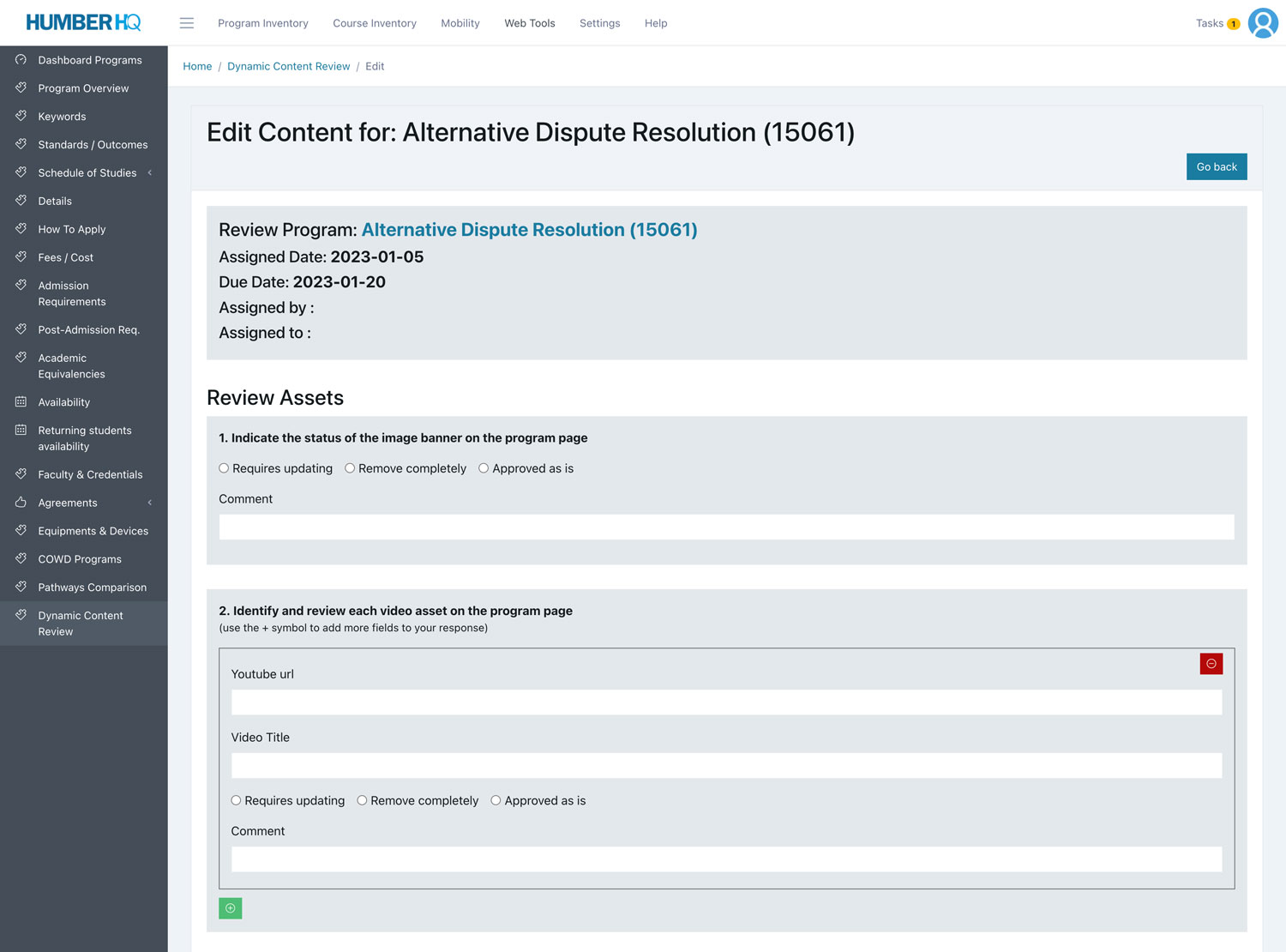 screenshot of dynamic content review form