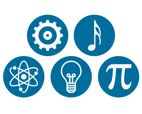 icons of gear and music note in top row and an atom, lightbulb and pi icon in the bottom row