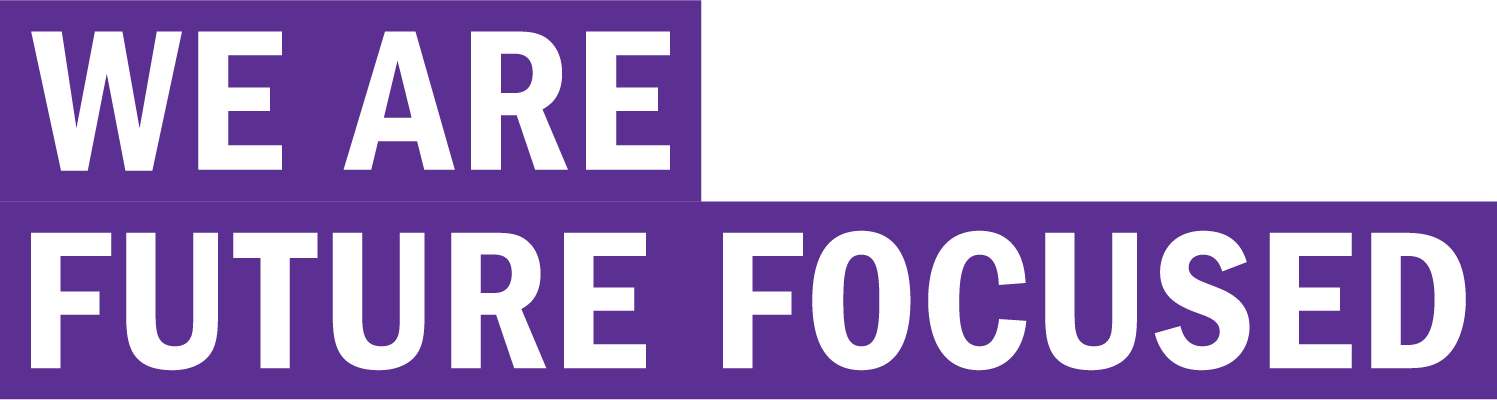 Graphic Banner text We Are Future Focused white on purple