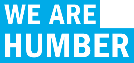 The text WE ARE HUMBER white on light blue background