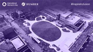International Women's Day - Aerial shot of campus with purple background