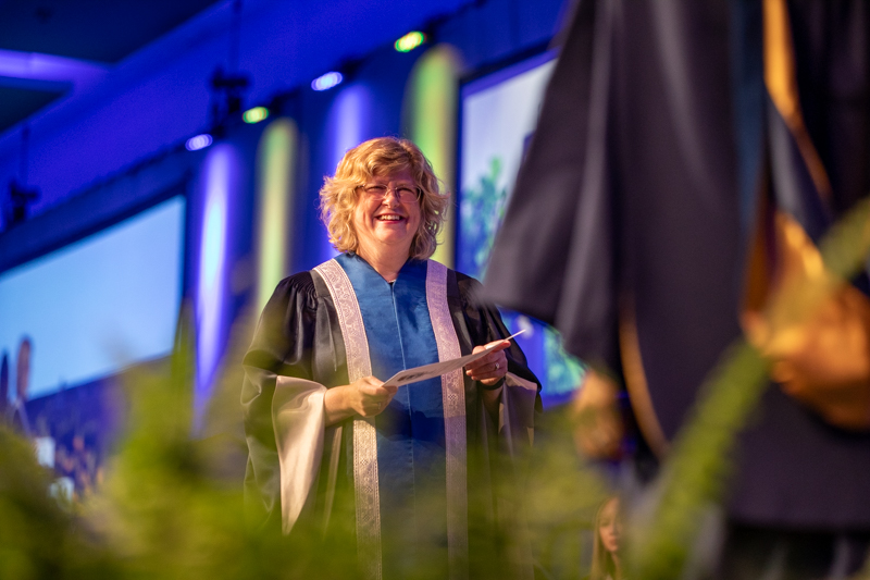 Humber president Ann Marie Vaughan smiles on stage