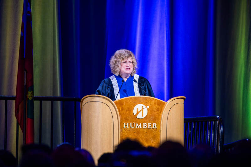 Humber president Ann Marie Vaughan speaking behind podium
