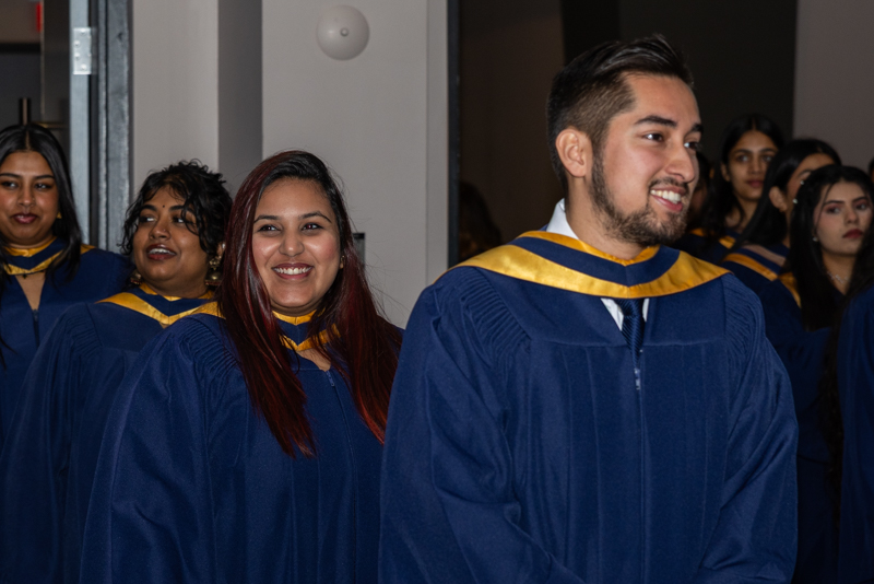 Students in line smiling