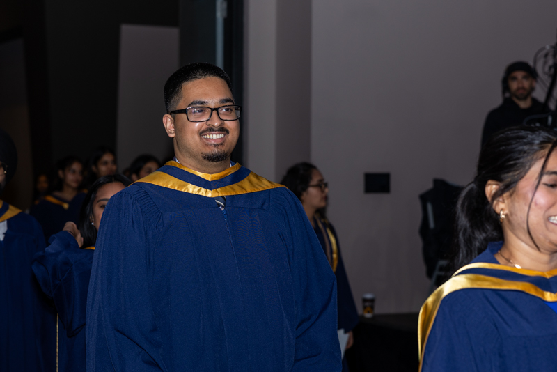 Students in line smiling