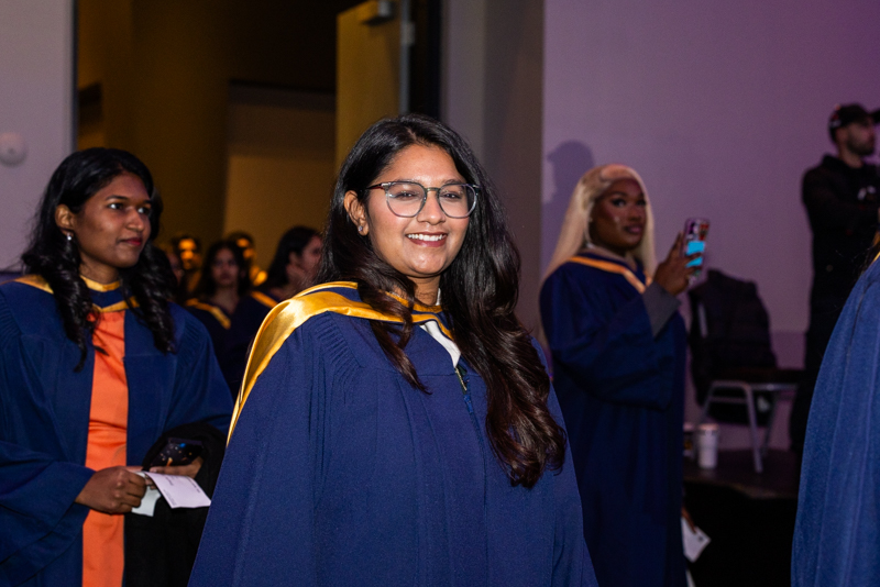 Students in line smiling