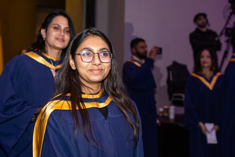 Students in line smiling