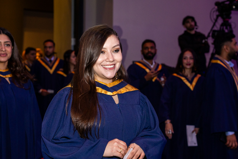 Students in line smiling