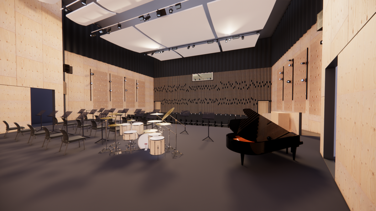 Recital hall with chairs for musicians and a grand piano