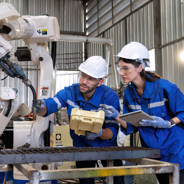 Two people examining manufacturing machinery