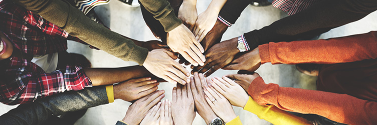 Image: Group of Diverse Hands joining together in a circle as a team unit.