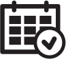  Black and white vector icon of a calendar and checkmark. 