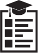 Black and white vector icon of a document list with graduation cap hanging from the corner page. 