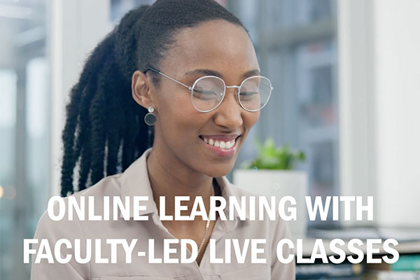 Smiling woman with glasses using a laptop, symbolizing positive online learning. Text overlay: "Online Learning with Faculty-Led Live Classes."