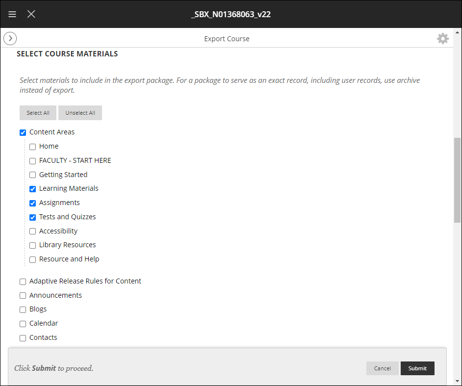 select course materials screen