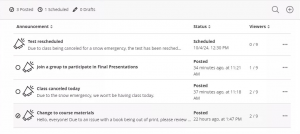 Announcements page, with one read announcement, two unread announcements, and one scheduled announcement