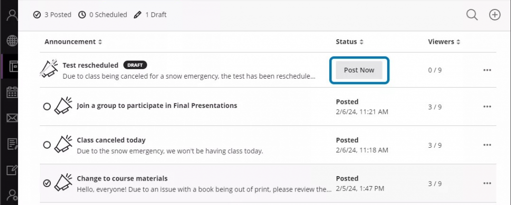 Announcements page, with a draft announcement ready to post and the Post draft button highlighted