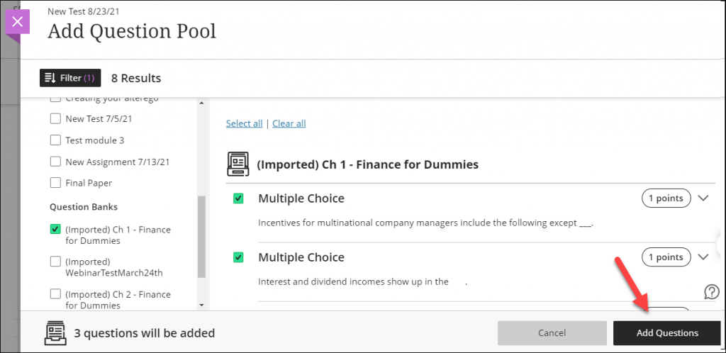 Add Questions button on Question Pool page