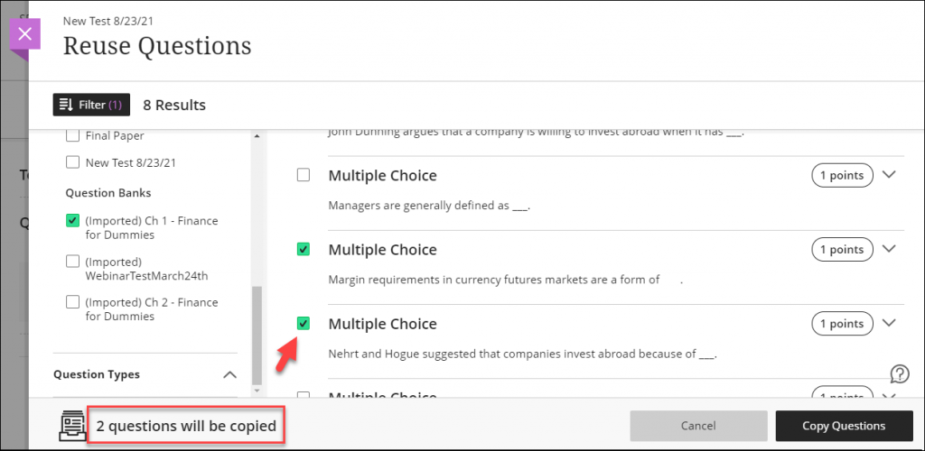Checkbox for reusing question page