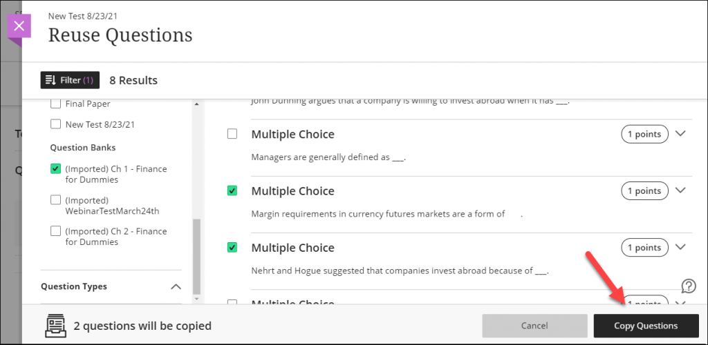 Copy Questions on Reuse Questions page