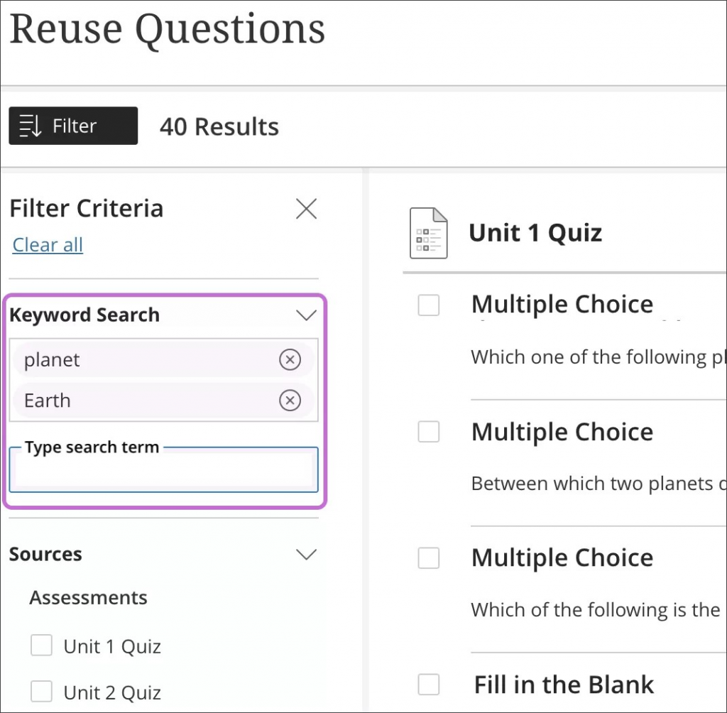 Reuse questions filter panel open highlighting the keyword search section.