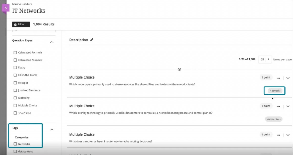 Tags appear as filters in the question bank