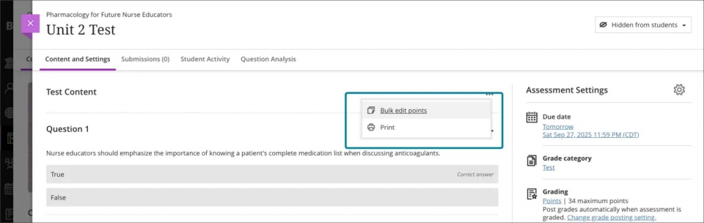 Bulk edit points option in dropdown next to Print option