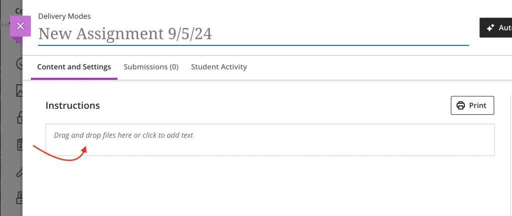 An arrow pointing to the Instructions text box, where you can include assignment instructions.