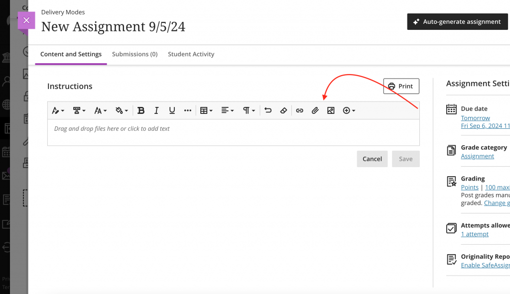 An arrow pointing to the Instructions text box, where you can insert files, videos, photos and much more.