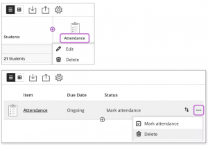 At the top, the Gradebook on its grid view is open with the Attendance column heading selected and the Delete option displayed. At the bottom, the Gradebook is open with the three dots menu selected and the Delete option displayed.