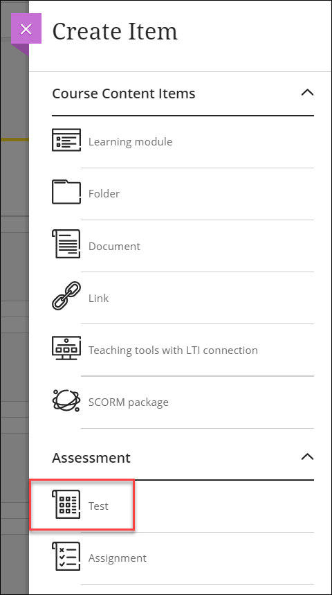 Test option on Create Item panel, underneath the 'Assessment' heading.