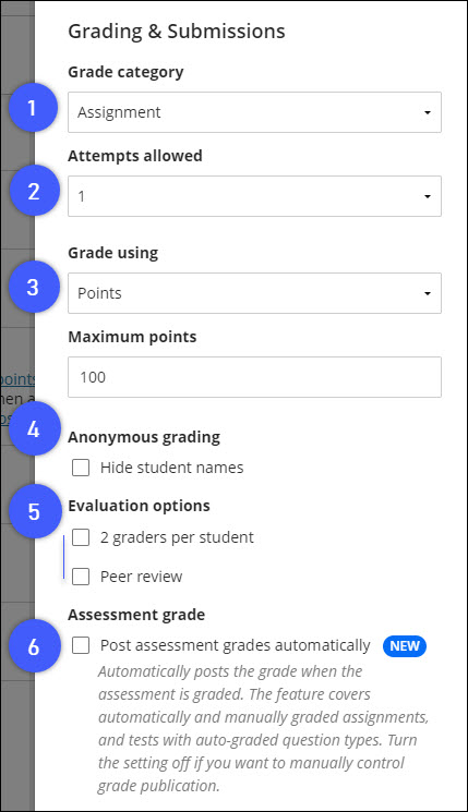 Grading and submissions settings found on the test settings panel.